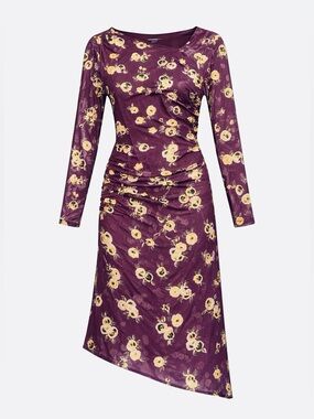 Calvin Klein Plum Floral Long-Sleeve Asymmetric Dress